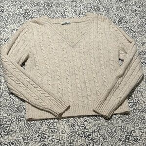 TNA Cream V-Neck Cable Knit Sweater